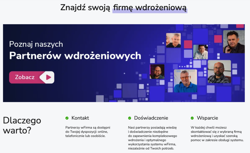 Zrzut ekranu z oficjalnej strony wFirma zachęcający do poznania Partnerów Wdrożeniowych, pokazujący ekspertów oraz korzyści: kontakt, doświadczenie i wsparcie.
