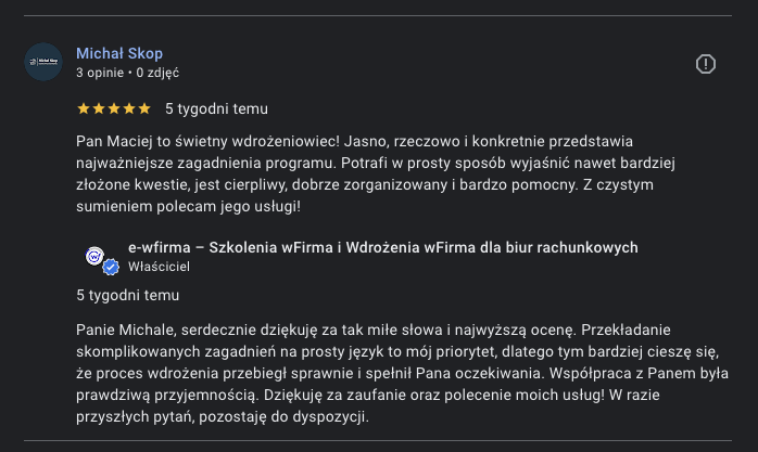 Wdrożenie i szkolenie wFirma - opinia 5 gwiazdek klienta Michała Skopa